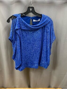 In The Mood For Love Sequined Navy Blue Draped Neck Blouse